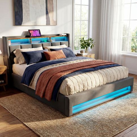 Platform Bed With Hydraulic Storage, LED Lighting & Charging Station