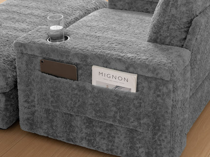 Oversized Chaise Lounge Indoor Rabbit Fur Sofa Bed With Storage Ottoman And Armrests Cup Holders With Deep Seat