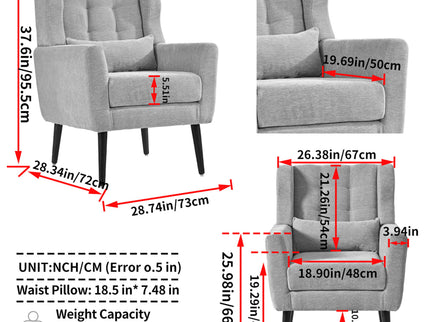 Modern Accent Chair, Arm Chairs For Living Room, Upholstered Mordern Armchair, Comfy Soft Padded Lounge Chair In Small Space, Bedroom, With Pillow, Solid Wood Leg