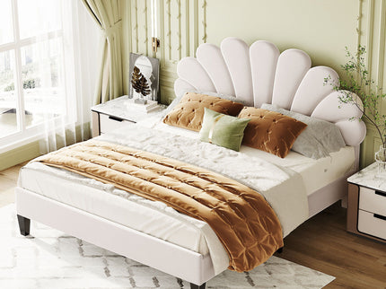 Upholstered Platform Bed With Flower Pattern Headboard
