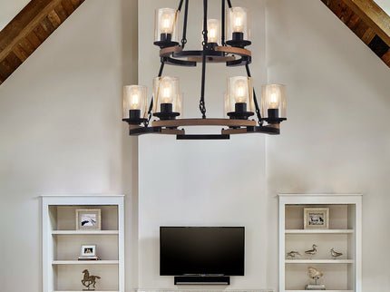 Wagon Wheel Chandelier, Ceiling Light With Adjustable Height - Black / Brown