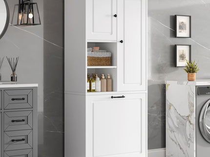 Modern Tall Storage Cabinet With Adjustable Shelves, Flip-Out Basket & Enclosed Doors