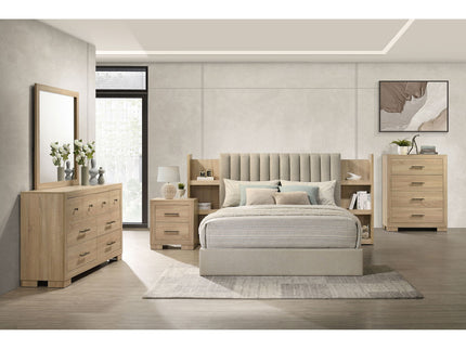 Merritt - Queen Bookcase Storage Bed With Tufted Headboard - Light Oak / Light Tan