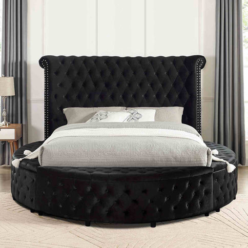Glam Button Tufted Wingback Round Bed With Storage And USB Ports