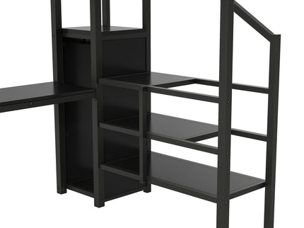 Full Size Loft Bed With Desk, Storage Staircase, Small Wardrobe And LED Light - Black