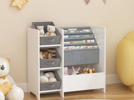 Bookshelf And Toy Storage Organizer, Multifunctional 4 Tier With 3 Collapsible Drawers - White