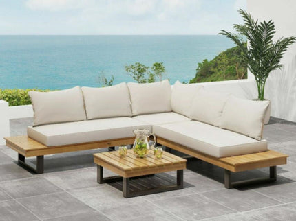 Sebastian - Hand Crafted 4 Piece Sofa Set With Water Resistant Cushions - Beige / Teak