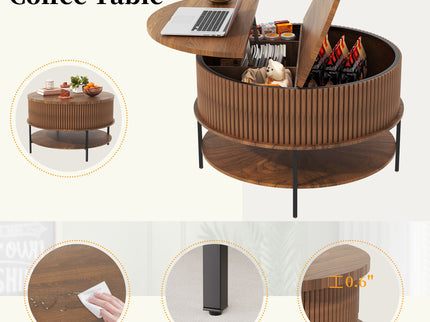 Lift Top Coffee Table, Round Storage Cocktail Table With Reinforced Legs, Safe Rounded Design - Brown