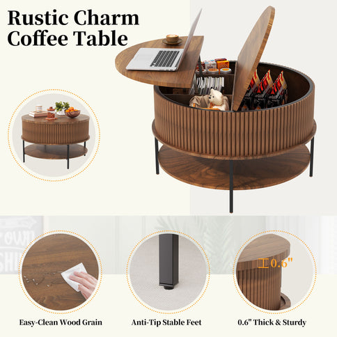 Lift Top Coffee Table, Round Storage Cocktail Table With Reinforced Legs, Safe Rounded Design - Brown