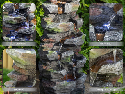 Rock Waterfall Outdoor Fountain With LED Lights - Gray