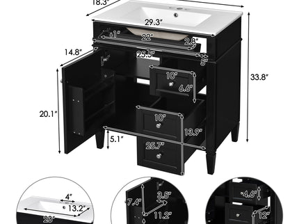 Bathroom Vanity With Top Sink, 2 Doors And 3 Drawers, Freestanding Set With Mirror Cabinet