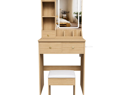 Small Vanity Desk With 3 LED Lighting Modes, 3 Drawers, Hair Dryer Holder, Power Socket, And Dressing Chair - Natural Walnut