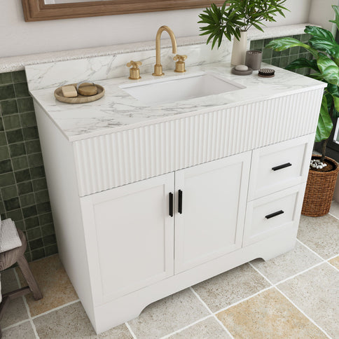 Bathroom Vanity Set, Fluted Cabinet, Soft Close Doors, 3 Faucet Holes, Sink Included - White