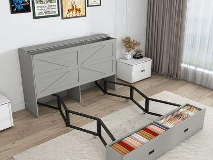 Full Murphy Bed With Storage Drawers, Charging Station, Foldable Panels, And Silent Swivel Wheels