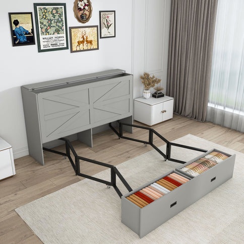 Full Murphy Bed With Storage Drawers, Charging Station, Foldable Panels, And Silent Swivel Wheels