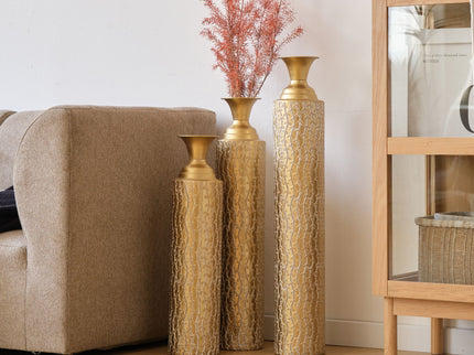 Metal Decorative Vases High Distress Metal Center Vases With Growing Vine Patterns, (Set of 3) Vases For Home Decoration - Gold