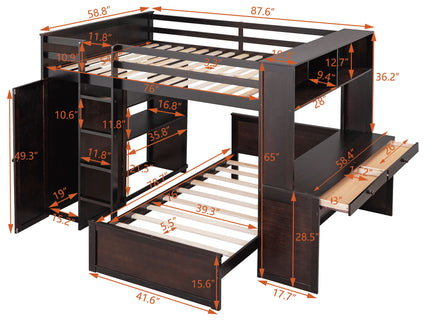 Loft Bed With A Twin Size Standalone Bed, Shelves, Desk, And Wardrobe