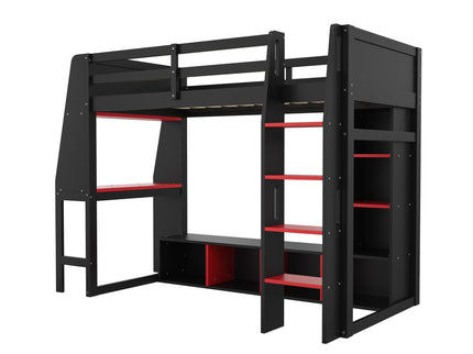 Gaming Loft Bed With Desk, Multi Storage Shelves, LED Lighting, And Hanging Clothes Rack