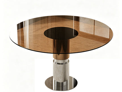 Round Dining Table With Tempered Glass Top - Brown