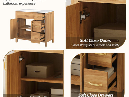 Bathroom Vanity, 2 Soft Close Doors, 3 Soft Close Drawers, Adjustable Shelf - Wood