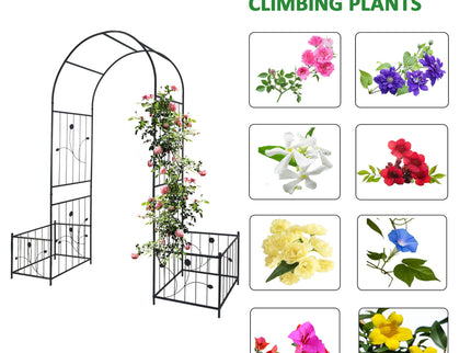 Metal Garden Arch With Two Plant Stands Wide High Climbing Plants Support Rose Arch Outdoor - Black