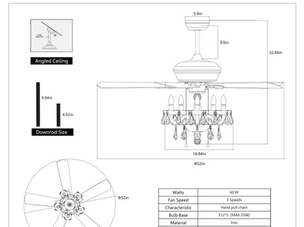 52" Crystal Shade Ceiling Fan Lamp, 3 Speed, 4 Timing, 5 Reversible Blades Crystal Ceiling Fan, 5 Pieces X E12 (No Include Bulb), Hand Pull Chain - Matte Black