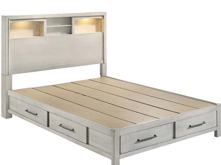 Transitional Bed With Smooth Gliding Drawers, Built In Lights, Open Headboard Shelves
