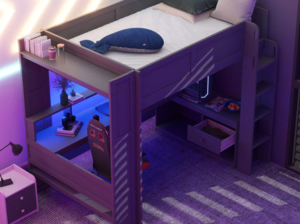 Gaming Loft Bed With Desk, Multi Storage Shelves, LED And Charging Station