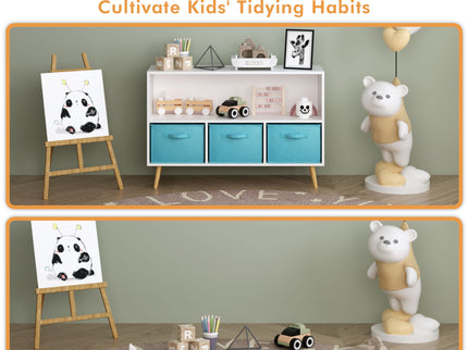 Bookcase With Collapsible Drawers, Book Display Storage Cabinet Organizer - White / Blue