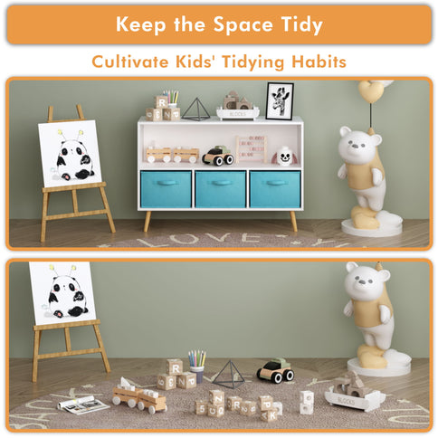 Bookcase With Collapsible Drawers, Book Display Storage Cabinet Organizer - White / Blue