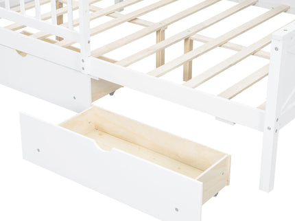 House Style Platform Bed With LED Lights, Storage Shelves, Drawers, And Guardrail