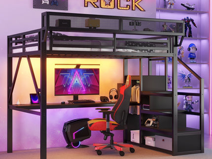 Loft Bed With Desk And Charging Station With Stairs And Light