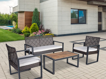 4 Piece Patio Furniture Set With Acacia Wood Table Top And Cushions