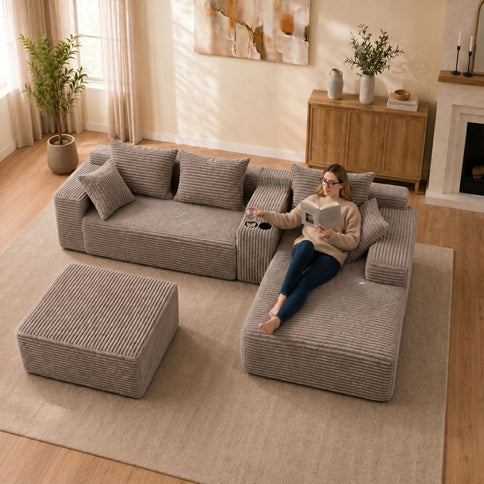 U-Shaped Modular Sofa With Cup Holders And Storage For Living Rooms - Coffee