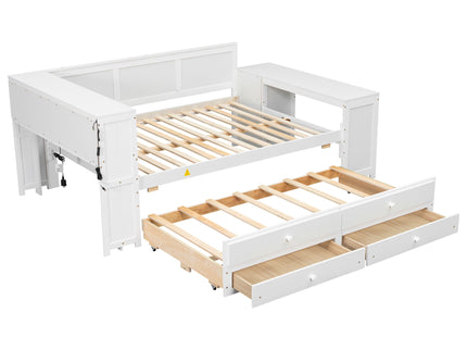 Daybed With Storage Shelves, Drawers, Trundle, Charging Station, LED Light, Desk And Cabinet