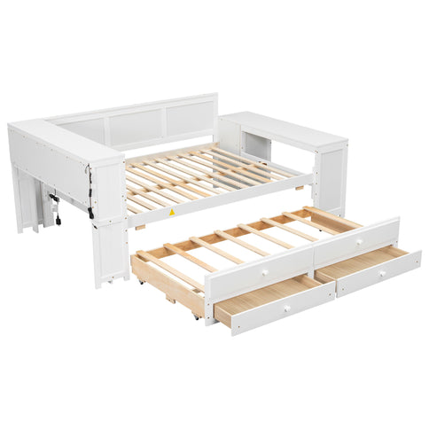 Daybed With Storage Shelves, Drawers, Trundle, Charging Station, LED Light, Desk And Cabinet