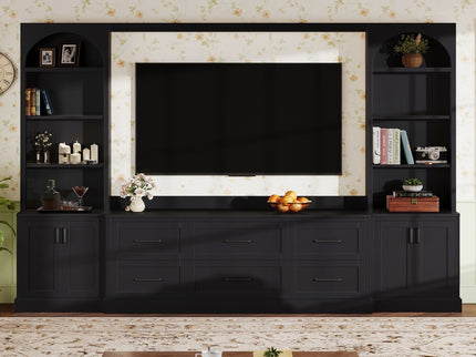 Arched Entertainment Center Wall Unit With 6 Drawers, Large TV Stand With Bookshelves