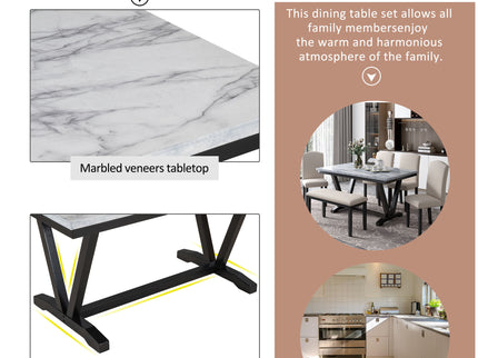 6 Piece Dining Table Modern Style With 4 Chairs & 1 Bench, Table With Marbled Veneers Tabletop And V-Shaped Table Legs - White