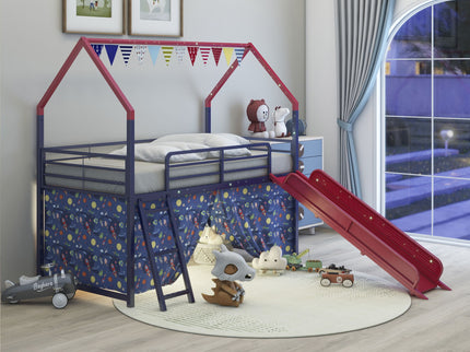 Jack - House Loft Bed With Slide And Curtain Set
