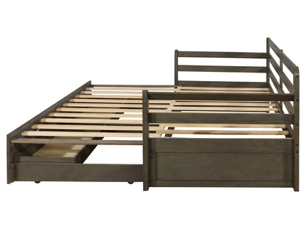Twin Long 2 Drawer Daybed With Extendable Trundle, Storage Drawers, Fits Standard Mattress - Gray