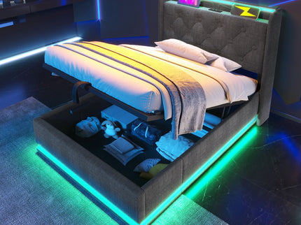 Upholstered Bed, 360 Surround LED Function, Remote Control, Hydraulic Storage Bed With USB, Type-C Charging (Without Mattress)