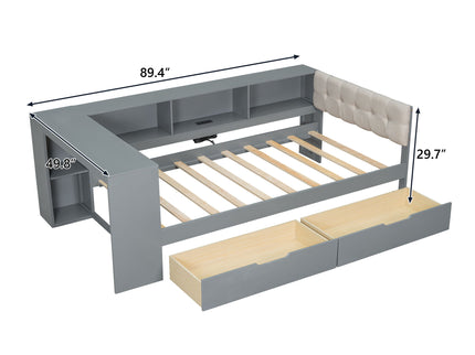 Upholstered Headboard Platform Bed With Storage Shelves, Drawers, Charging Station