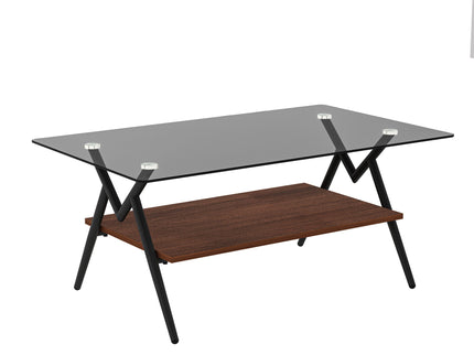 Rectangle Coffee Table With Tempered Glass Top And Shelf, Modern Table For Living Room