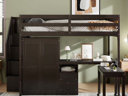Loft Bed With Stairs, Bookshelf, Drawers, Desk & Wardrobe, Space Saving Multifunctional Furniture