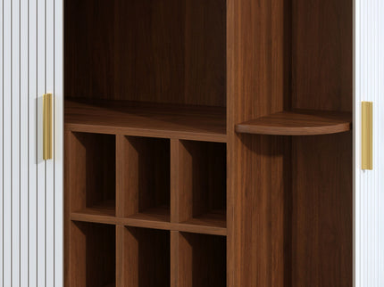 Fluted Liquor & Coffee Bar Cabinet With 6 Wine Racks And 3 Glass Holders
