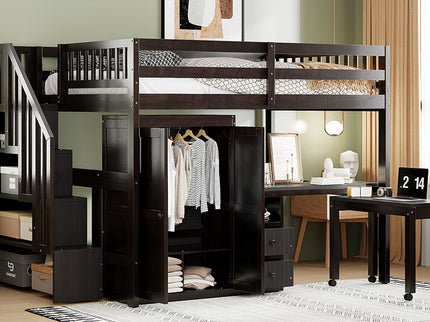 Loft Bed With Stairs, Bookshelf, Drawers, Desk & Wardrobe, Space Saving Multifunctional Furniture