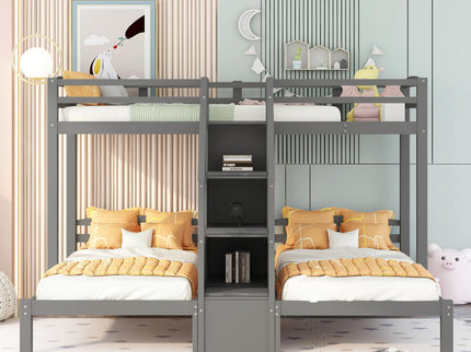 Twin Over Twin & Twin Bunk Bed With Built In Staircase And Storage Drawer - Gray