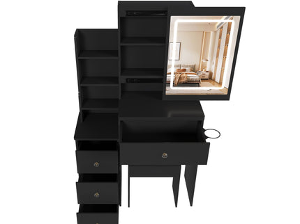 Vanity Desk With 3 LED Lighting Modes, 4 Drawers, Open Shelves, Hair Dryer Holder & Power Socket Dressing Table Set With Chair - Black