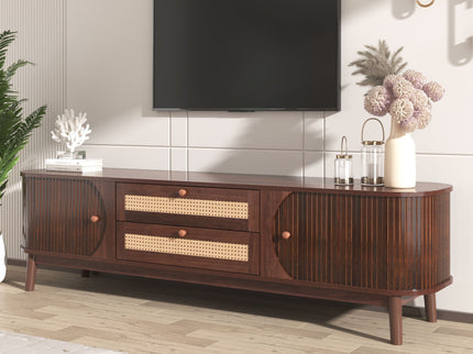 TV Stand For TVs Up To 75'', Cabinet With Drawers And Sliding Doors, Living Room Entertainment Console - Natural Wood / Brown