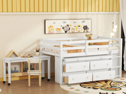Loft Bed With Retractable Writing Desk And 4 Drawers, With Lateral Portable Desk And Shelves